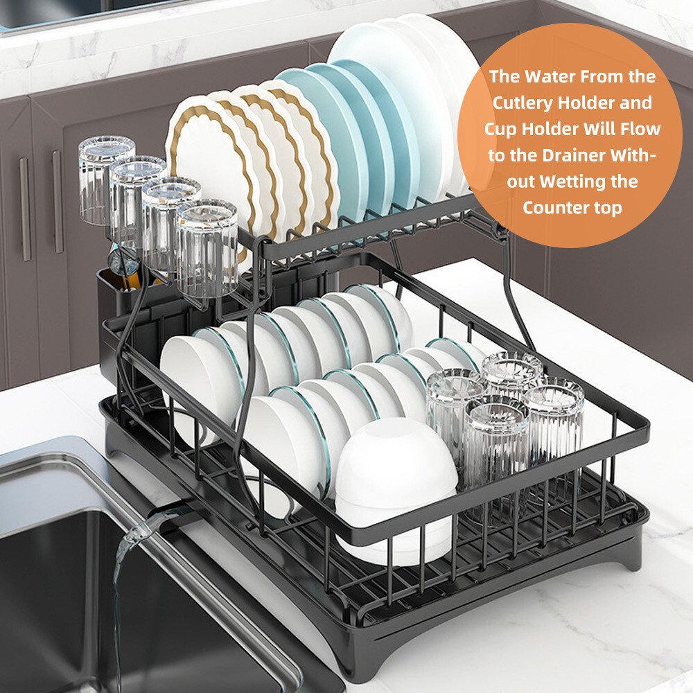 Two-Tier Dish Drainer with Cup Holder & Cutlery Tray - Image 8