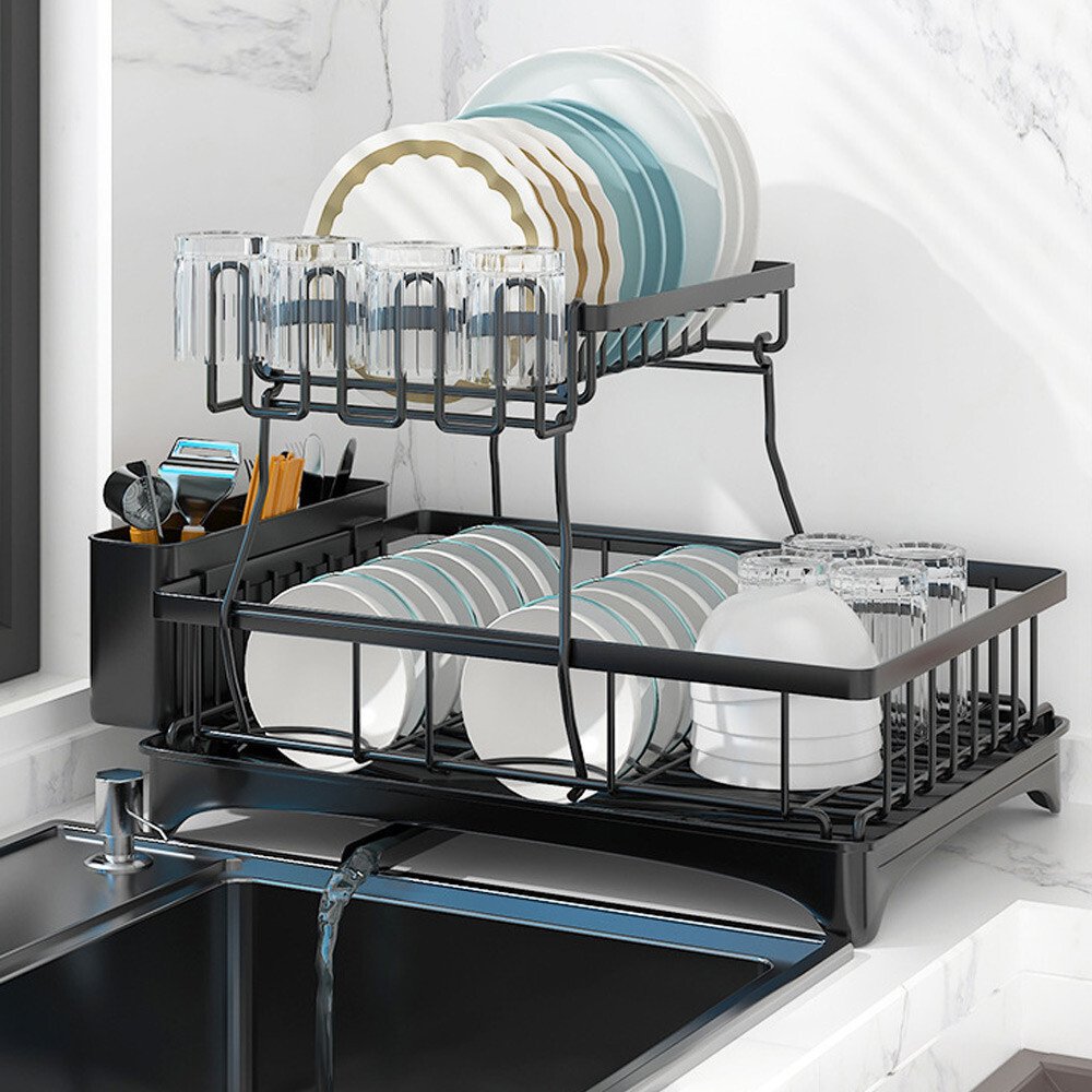 Two-Tier Dish Drainer with Cup Holder & Cutlery Tray - Image 3