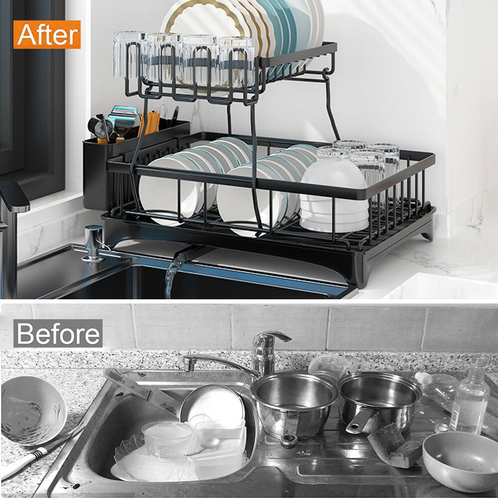 Two-Tier Dish Drainer with Cup Holder & Cutlery Tray - Image 7