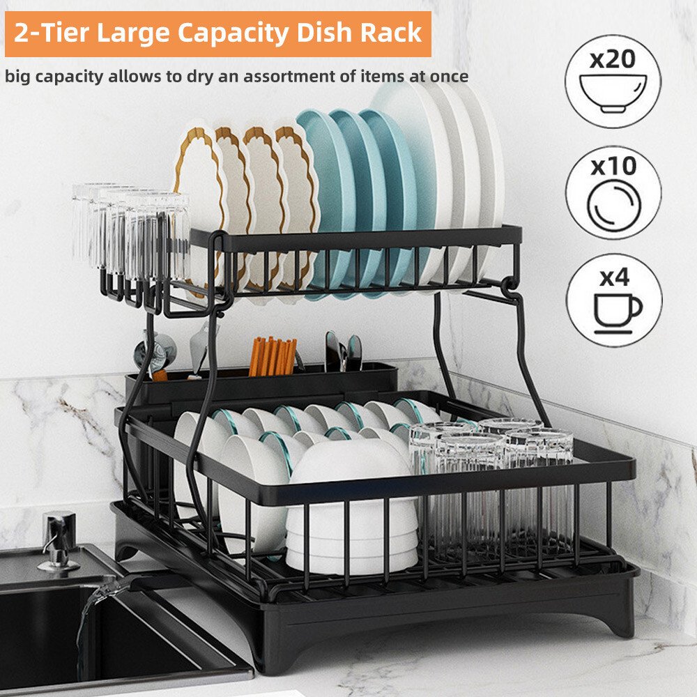 Two-Tier Dish Drainer with Cup Holder & Cutlery Tray - Image 6