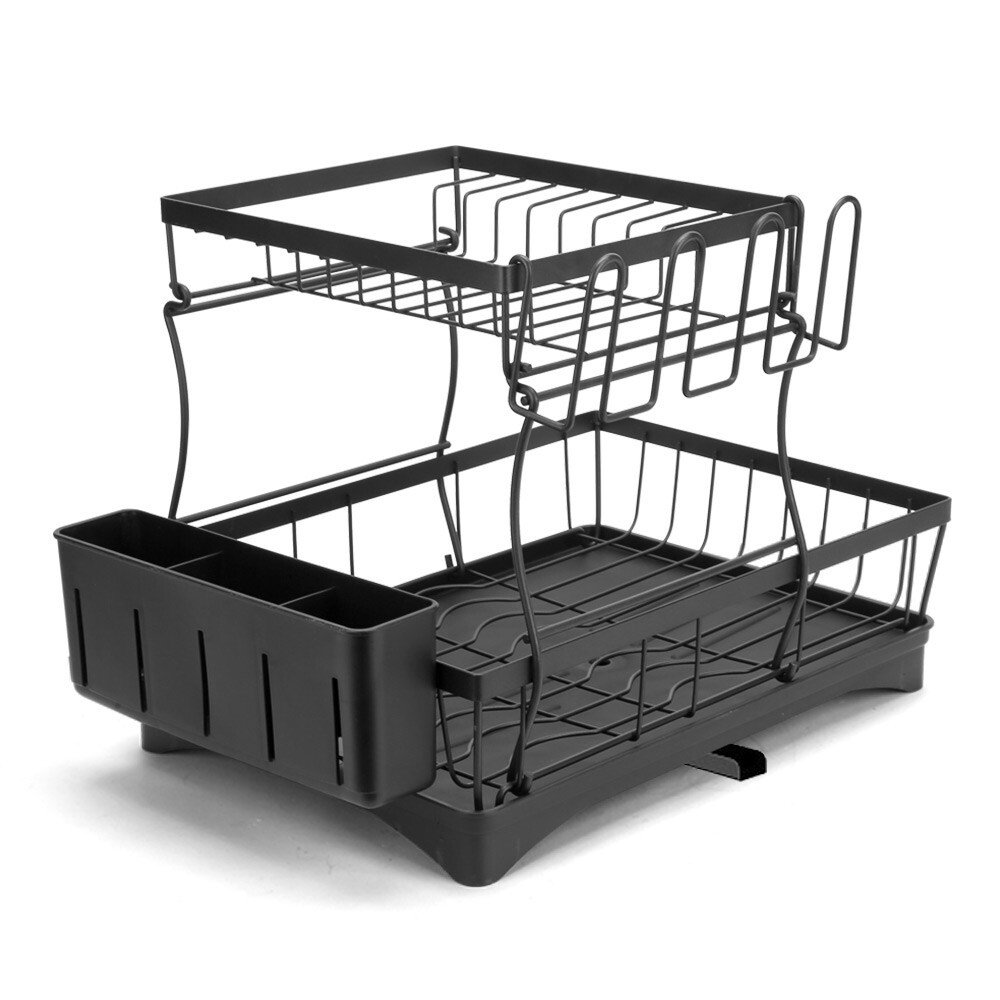 Two-Tier Dish Drainer with Cup Holder & Cutlery Tray
